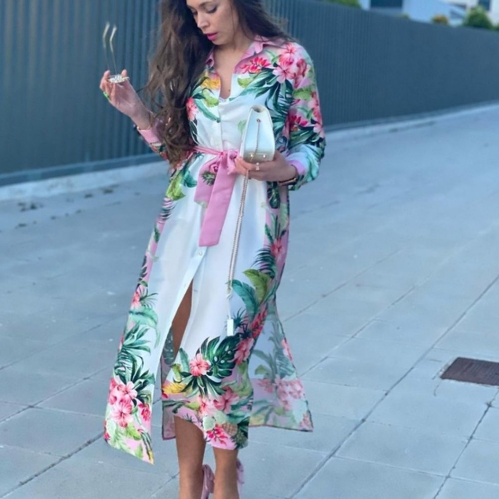 Zara Floral Pink and Green Midi Dress